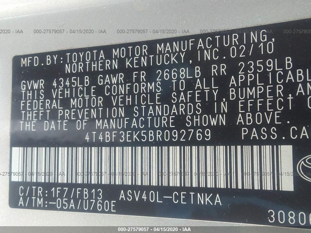 Photo 8 VIN: 4T4BF3EK5BR092769 - TOYOTA CAMRY 