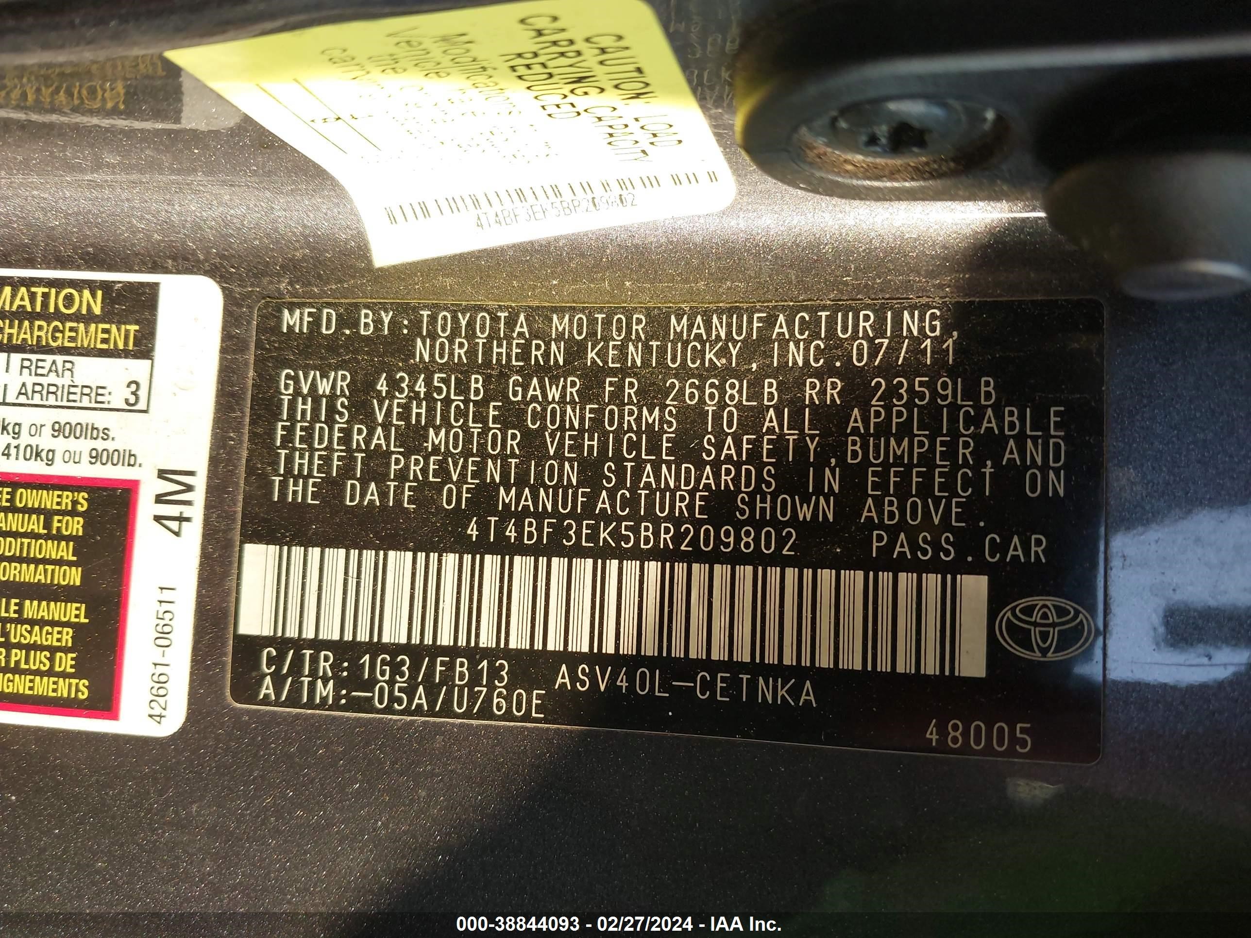 Photo 8 VIN: 4T4BF3EK5BR209802 - TOYOTA CAMRY 