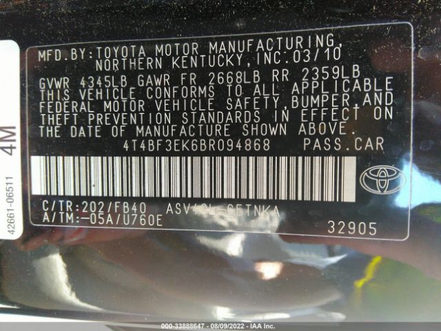 Photo 8 VIN: 4T4BF3EK6BR094868 - TOYOTA CAMRY 