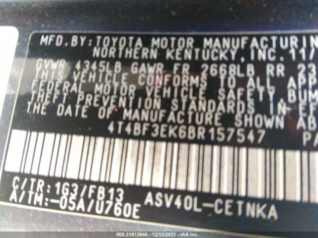 Photo 8 VIN: 4T4BF3EK6BR157547 - TOYOTA CAMRY 