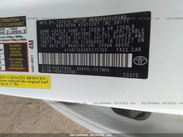 Photo 8 VIN: 4T4BF3EK6BR215169 - TOYOTA CAMRY 