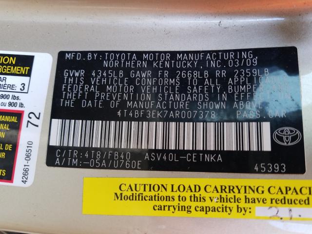 Photo 9 VIN: 4T4BF3EK7AR007378 - TOYOTA CAMRY LE A 