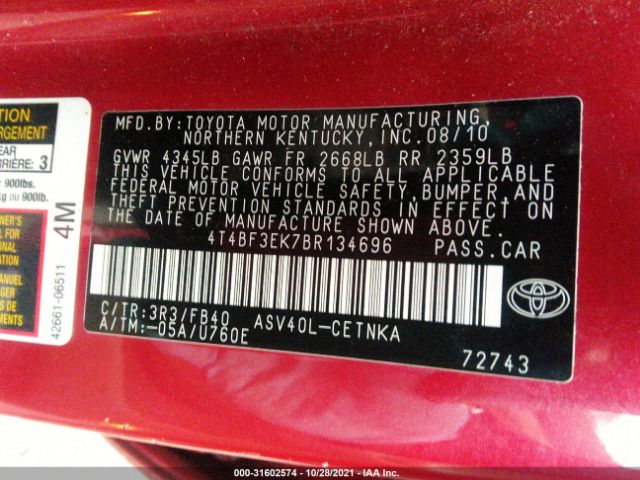 Photo 8 VIN: 4T4BF3EK7BR134696 - TOYOTA CAMRY 