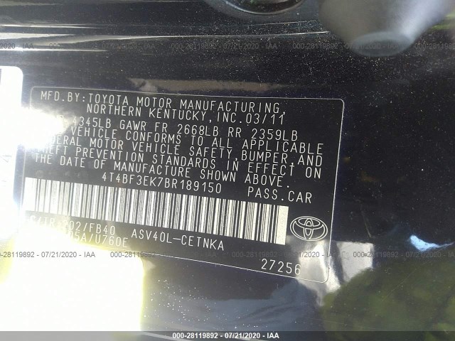 Photo 8 VIN: 4T4BF3EK7BR189150 - TOYOTA CAMRY 