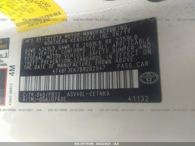 Photo 8 VIN: 4T4BF3EK7BR202947 - TOYOTA CAMRY 