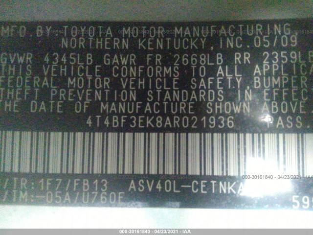 Photo 8 VIN: 4T4BF3EK8AR021936 - TOYOTA CAMRY 