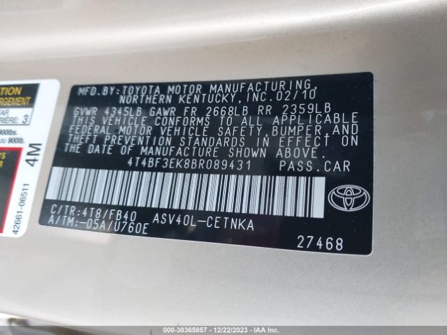 Photo 8 VIN: 4T4BF3EK8BR089431 - TOYOTA CAMRY 