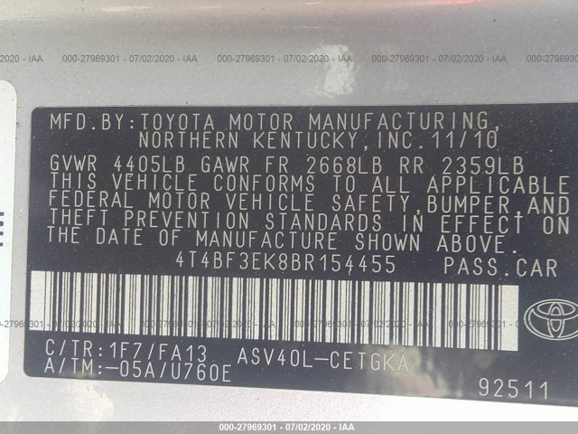 Photo 8 VIN: 4T4BF3EK8BR154455 - TOYOTA CAMRY 