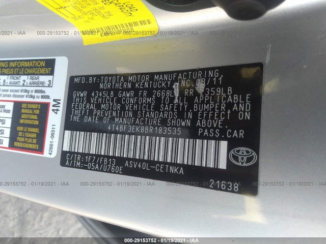 Photo 8 VIN: 4T4BF3EK8BR183535 - TOYOTA CAMRY 