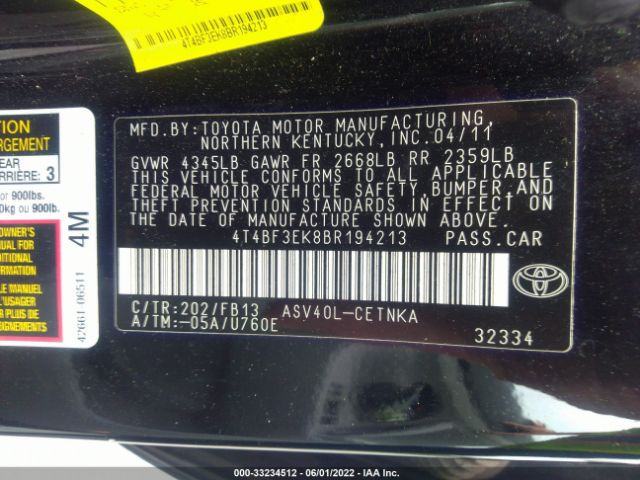 Photo 8 VIN: 4T4BF3EK8BR194213 - TOYOTA CAMRY 