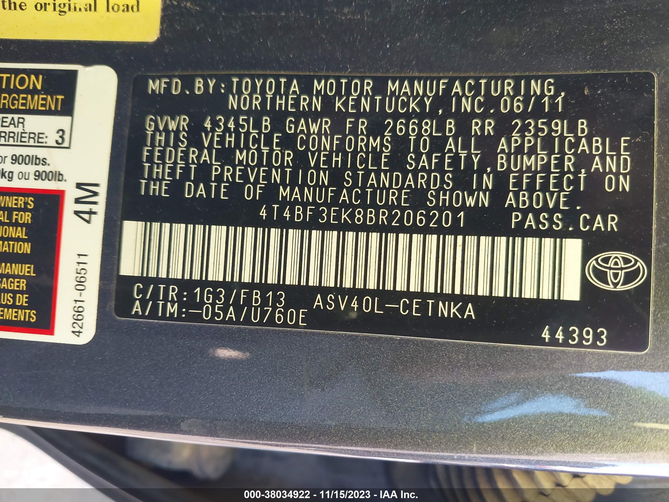 Photo 8 VIN: 4T4BF3EK8BR206201 - TOYOTA CAMRY 