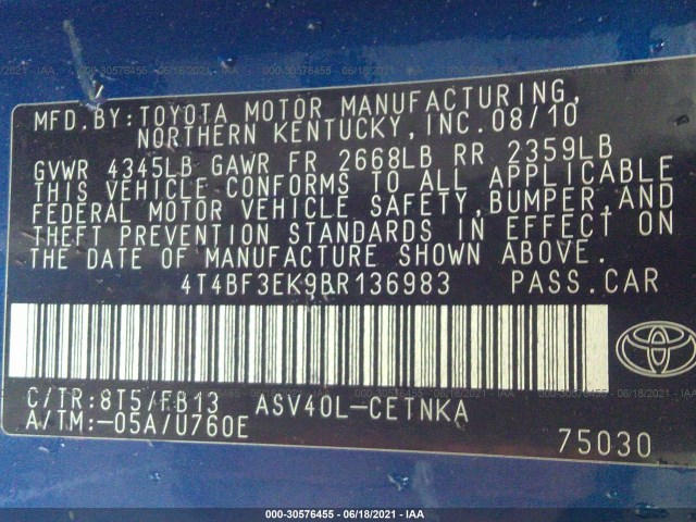 Photo 8 VIN: 4T4BF3EK9BR136983 - TOYOTA CAMRY 