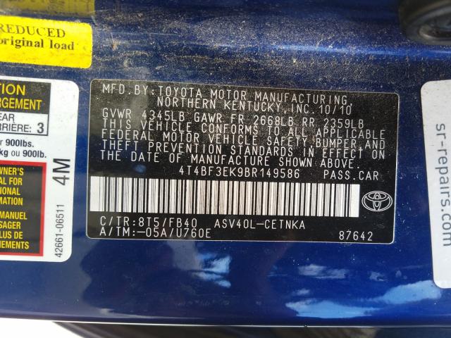 Photo 9 VIN: 4T4BF3EK9BR149586 - TOYOTA CAMRY BASE 