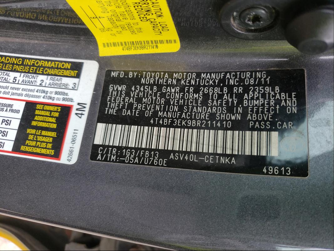 Photo 9 VIN: 4T4BF3EK9BR211410 - TOYOTA CAMRY BASE 