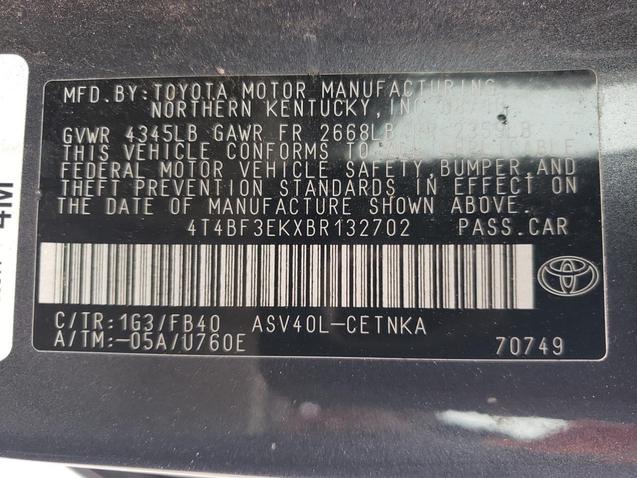 Photo 11 VIN: 4T4BF3EKXBR132702 - TOYOTA CAMRY 