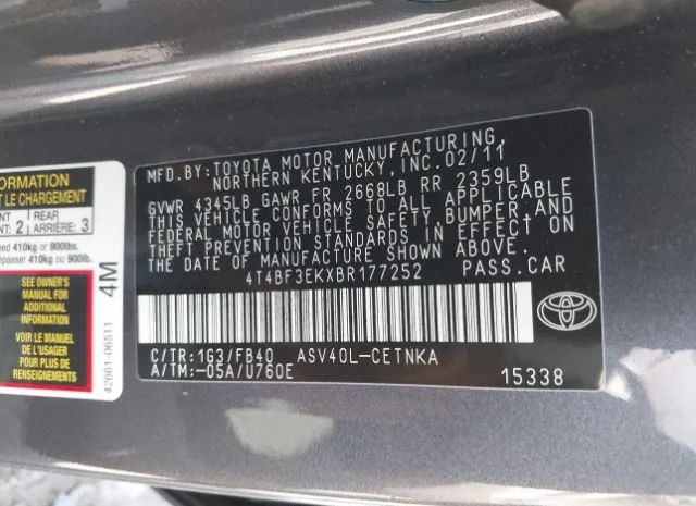 Photo 8 VIN: 4T4BF3EKXBR177252 - TOYOTA CAMRY 