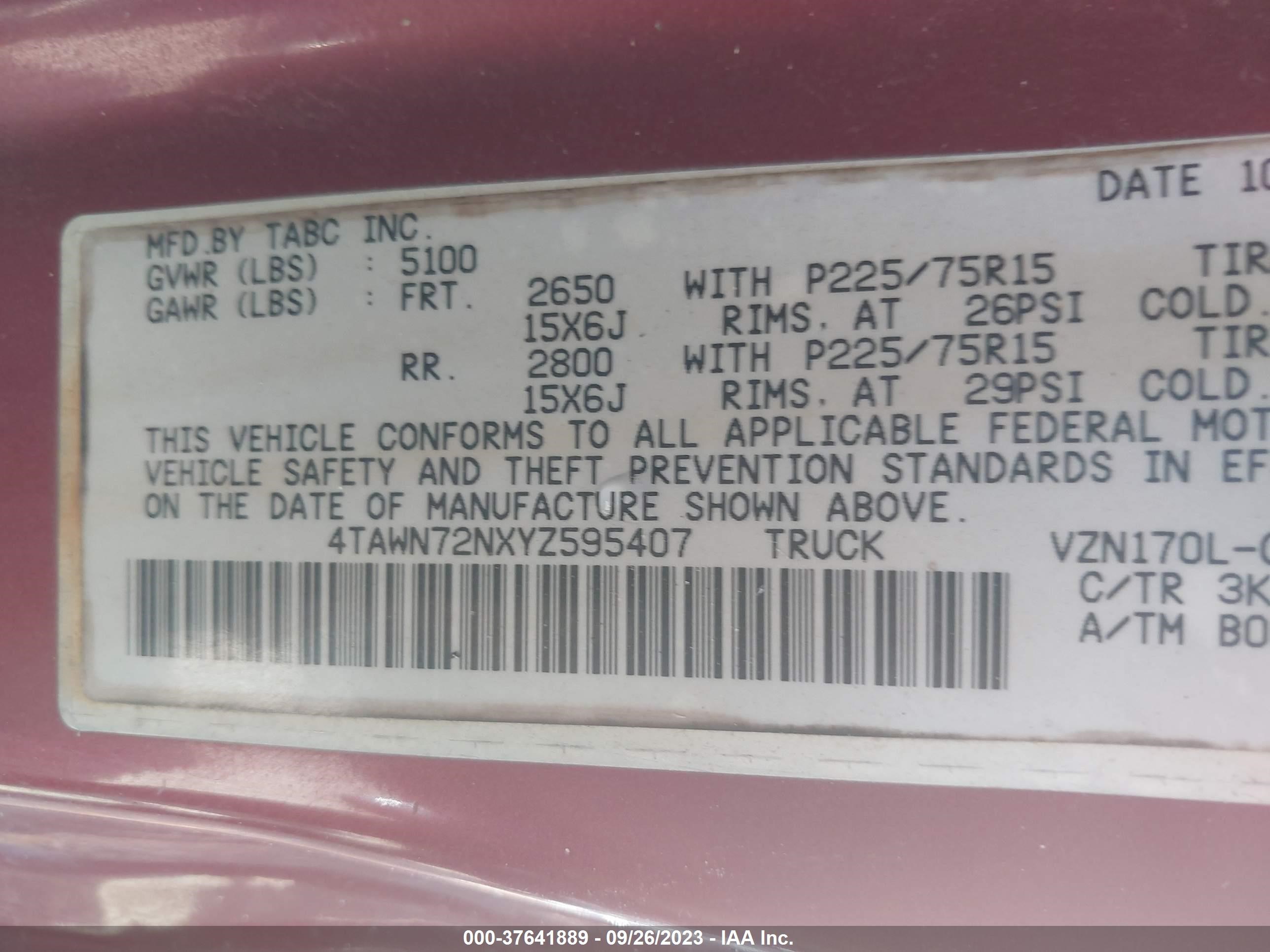 Photo 8 VIN: 4TAWN72NXYZ595407 - TOYOTA TACOMA 