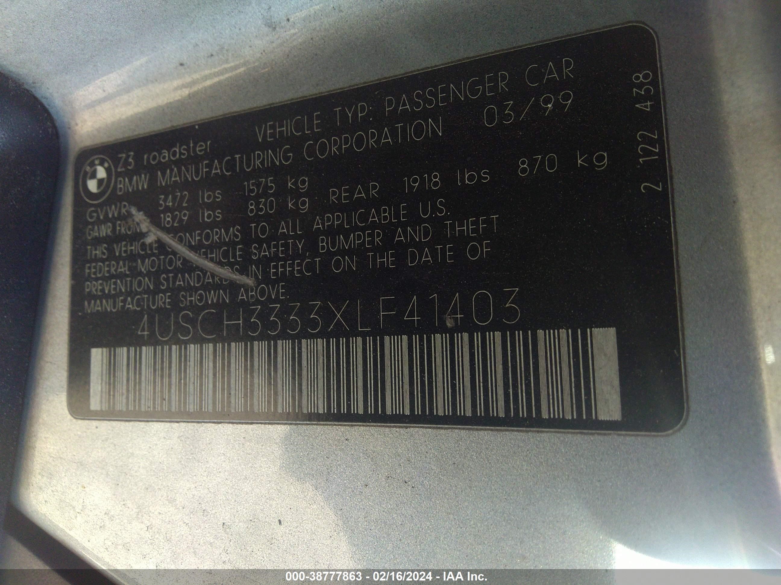 Photo 8 VIN: 4USCH3333XLF41403 - BMW Z3 