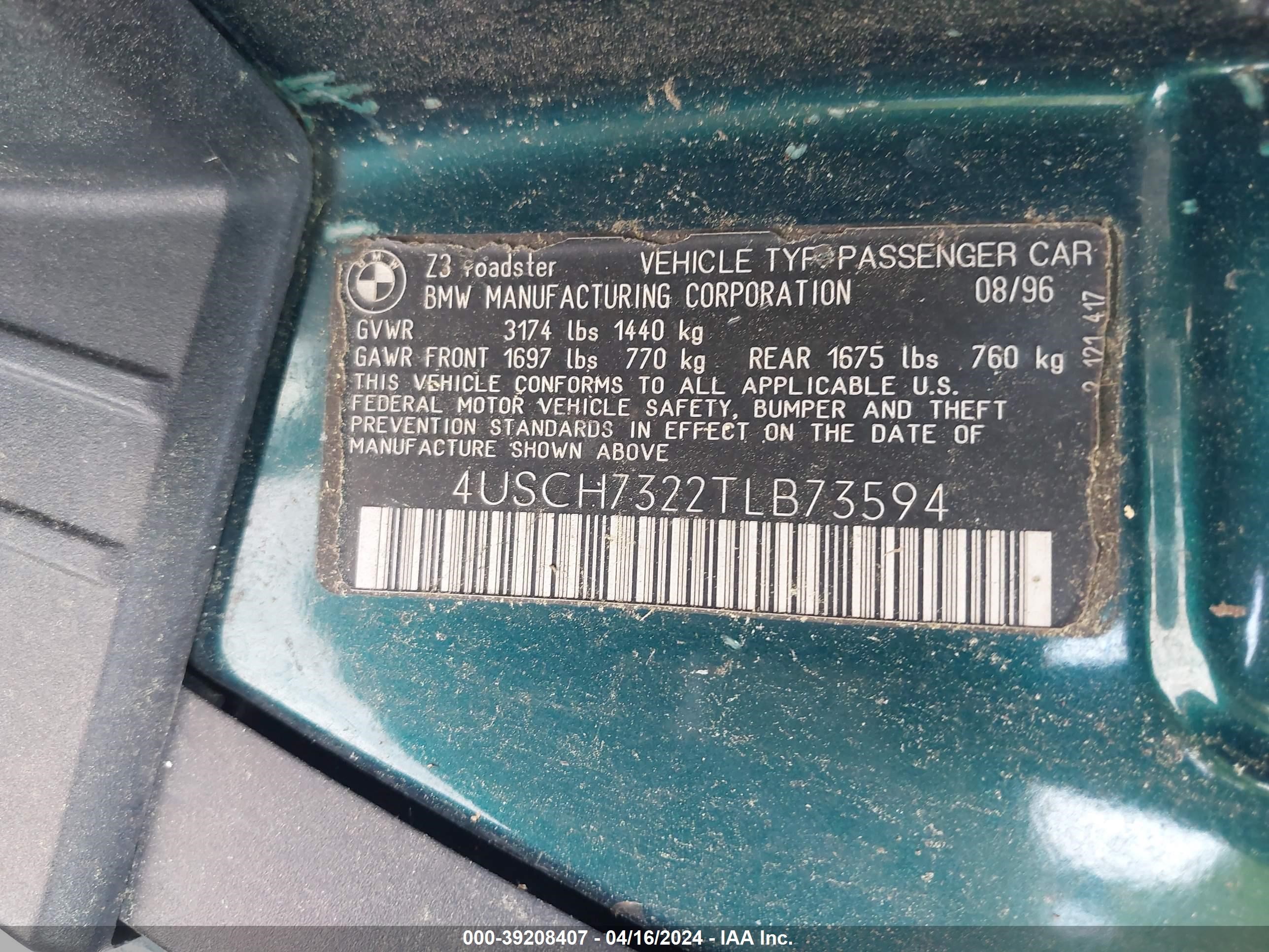 Photo 8 VIN: 4USCH7322TLB73594 - BMW Z3 