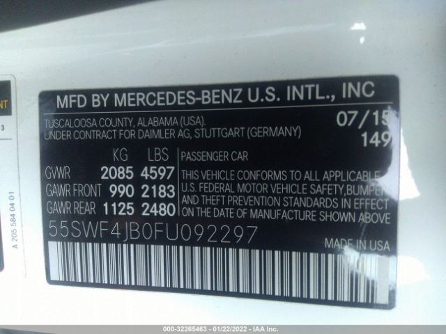 Photo 8 VIN: 55SWF4JB0FU092297 - MERCEDES-BENZ C-CLASS 