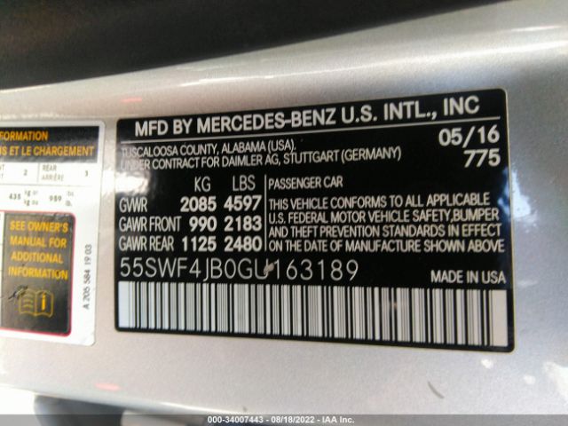 Photo 8 VIN: 55SWF4JB0GU163189 - MERCEDES-BENZ C-CLASS 