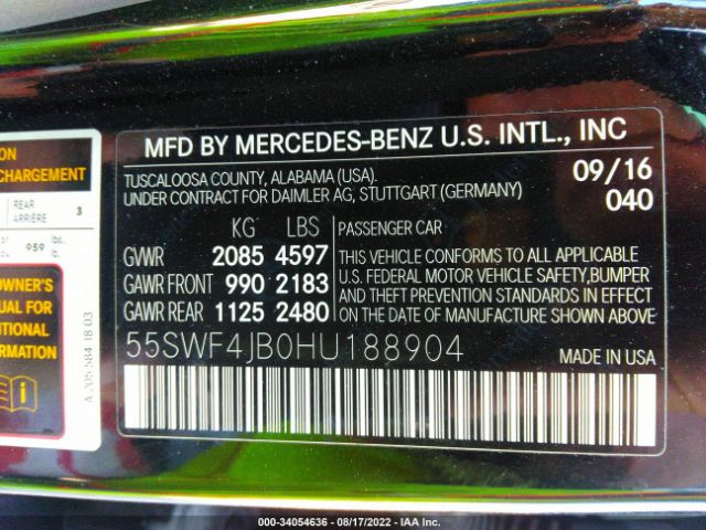 Photo 8 VIN: 55SWF4JB0HU188904 - MERCEDES-BENZ C-CLASS 