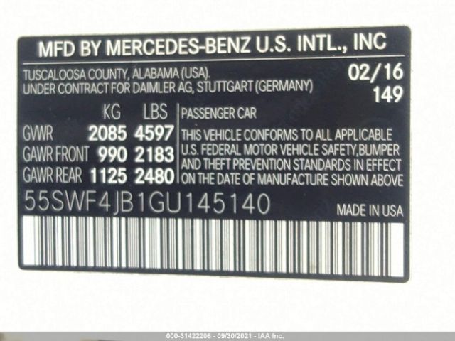 Photo 8 VIN: 55SWF4JB1GU145140 - MERCEDES-BENZ C-CLASS 