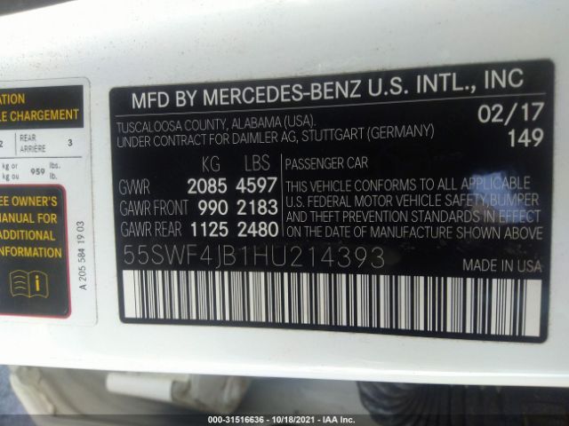 Photo 8 VIN: 55SWF4JB1HU214393 - MERCEDES-BENZ C-CLASS 