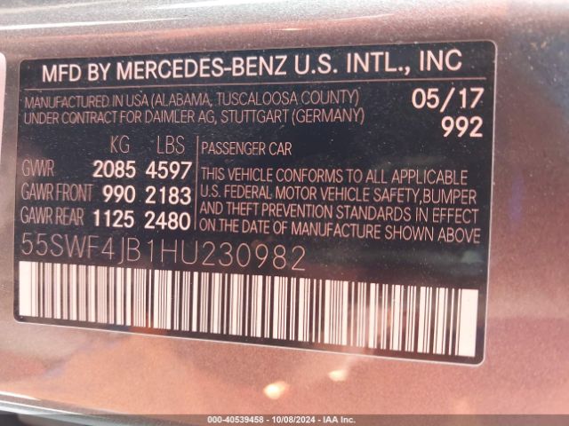 Photo 8 VIN: 55SWF4JB1HU230982 - MERCEDES-BENZ C-CLASS 