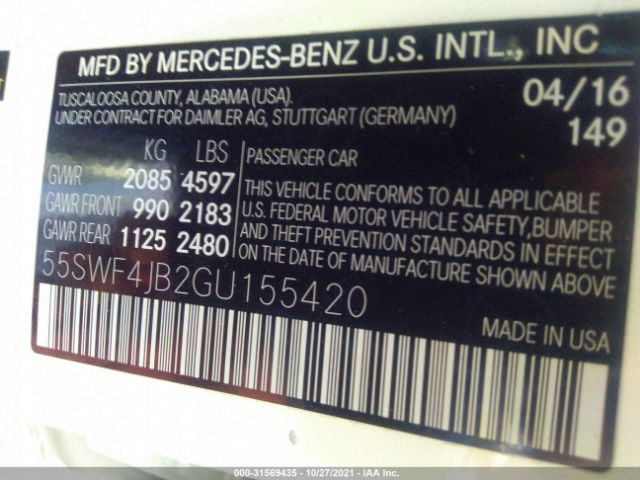 Photo 8 VIN: 55SWF4JB2GU155420 - MERCEDES-BENZ C-CLASS 