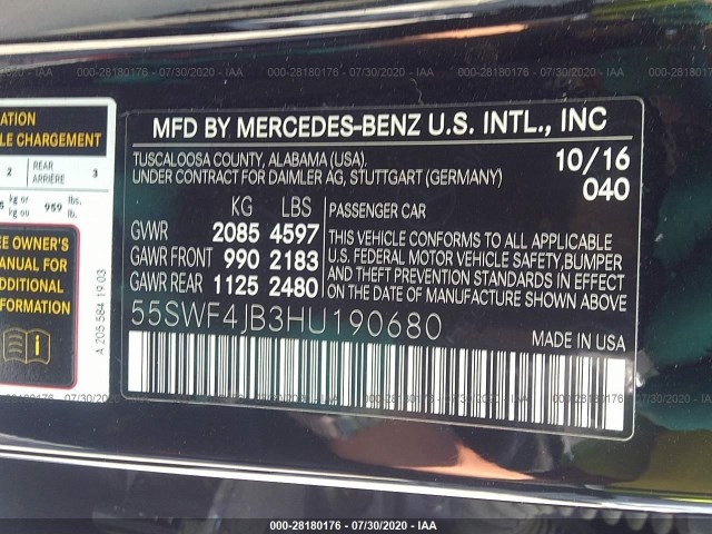 Photo 8 VIN: 55SWF4JB3HU190680 - MERCEDES-BENZ C-CLASS 