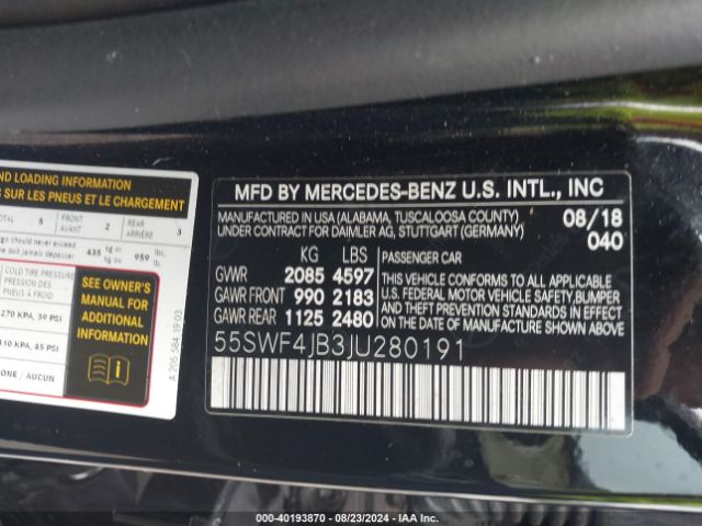 Photo 8 VIN: 55SWF4JB3JU280191 - MERCEDES-BENZ C-CLASS 