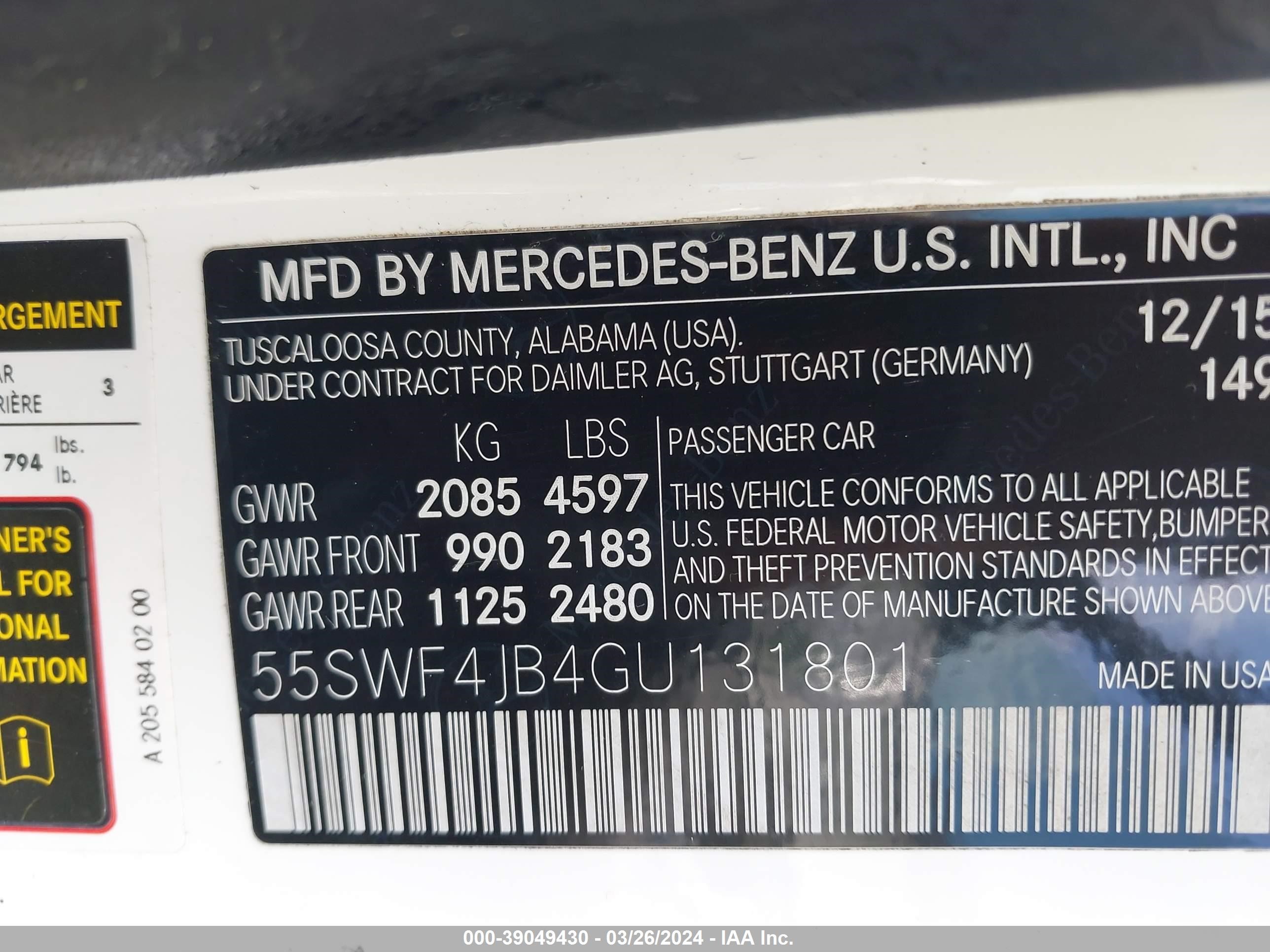 Photo 8 VIN: 55SWF4JB4GU131801 - MERCEDES-BENZ C-KLASSE 