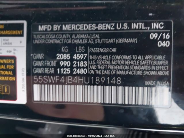 Photo 8 VIN: 55SWF4JB4HU189148 - MERCEDES-BENZ C-CLASS 