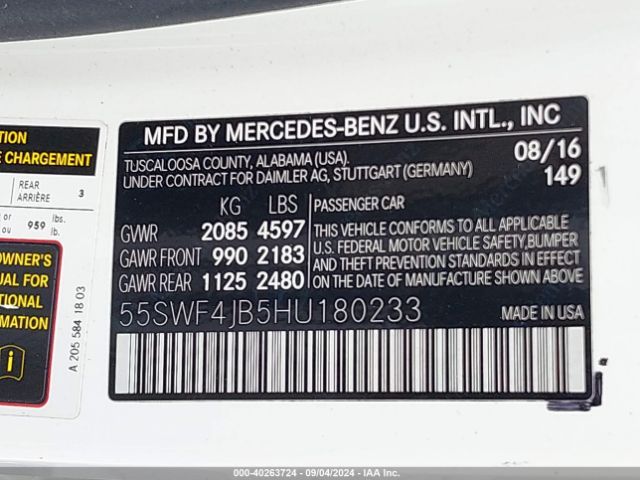 Photo 8 VIN: 55SWF4JB5HU180233 - MERCEDES-BENZ C-CLASS 