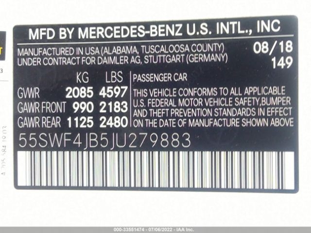 Photo 8 VIN: 55SWF4JB5JU279883 - MERCEDES-BENZ C-CLASS 