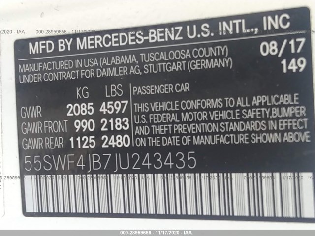 Photo 8 VIN: 55SWF4JB7JU243435 - MERCEDES-BENZ C-CLASS 