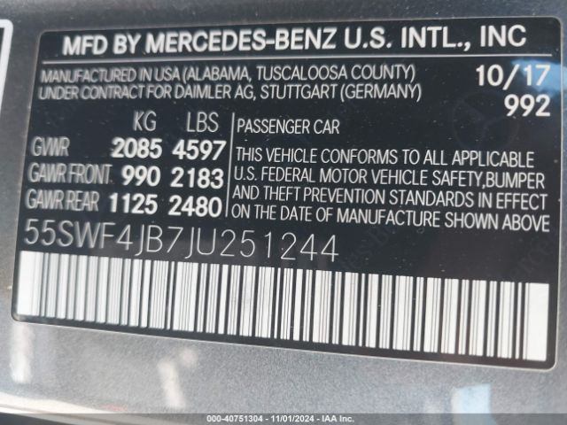 Photo 8 VIN: 55SWF4JB7JU251244 - MERCEDES-BENZ C-CLASS 