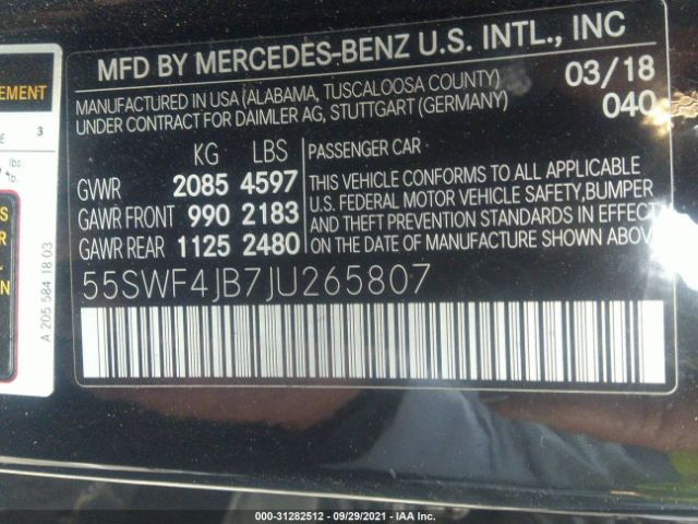 Photo 8 VIN: 55SWF4JB7JU265807 - MERCEDES-BENZ C-CLASS 