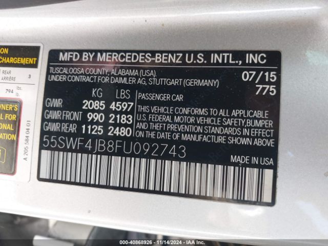 Photo 8 VIN: 55SWF4JB8FU092743 - MERCEDES-BENZ C-CLASS 