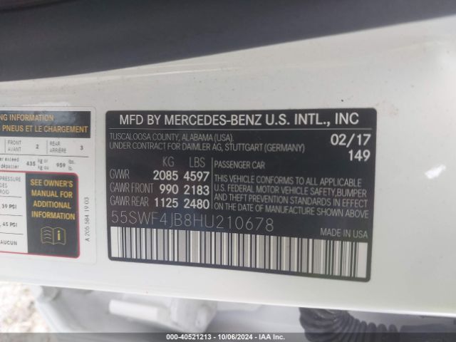 Photo 8 VIN: 55SWF4JB8HU210678 - MERCEDES-BENZ C-CLASS 