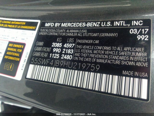 Photo 8 VIN: 55SWF4JB9HU219759 - MERCEDES-BENZ C-CLASS 