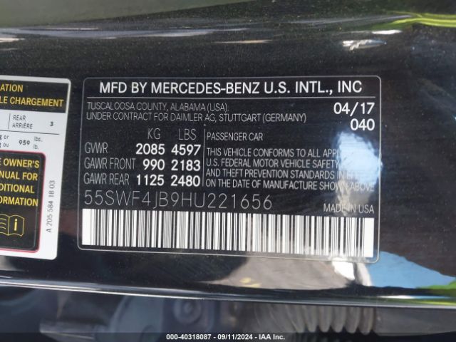 Photo 8 VIN: 55SWF4JB9HU221656 - MERCEDES-BENZ C-CLASS 