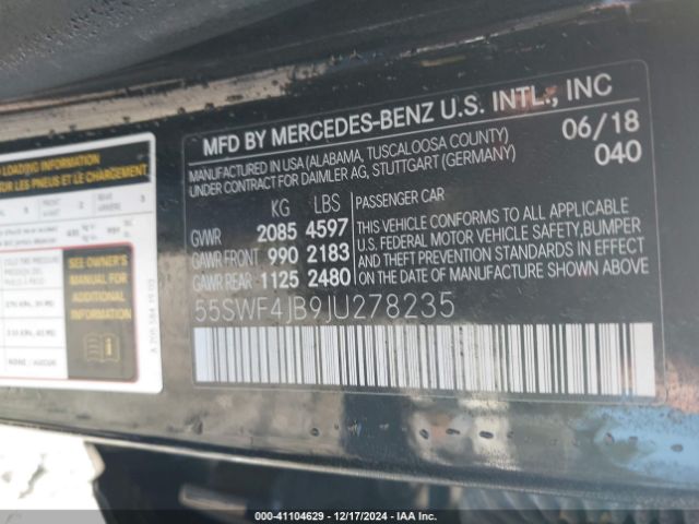 Photo 8 VIN: 55SWF4JB9JU278235 - MERCEDES-BENZ C-CLASS 