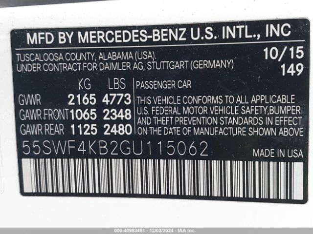 Photo 8 VIN: 55SWF4KB2GU115062 - MERCEDES-BENZ C-CLASS 