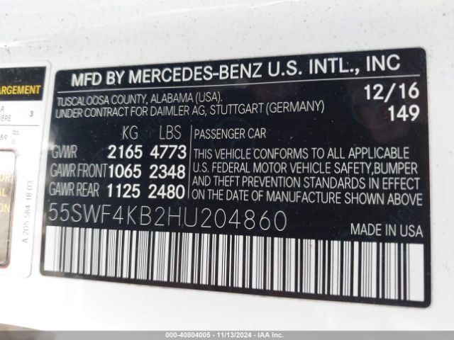 Photo 8 VIN: 55SWF4KB2HU204860 - MERCEDES-BENZ C-CLASS 