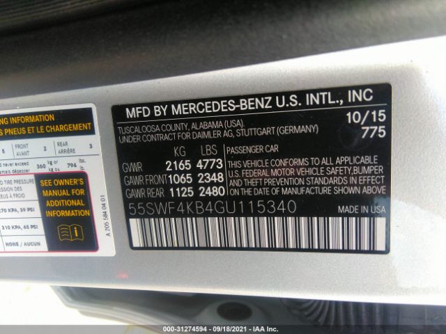 Photo 8 VIN: 55SWF4KB4GU115340 - MERCEDES-BENZ C-CLASS 