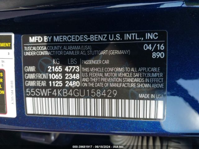 Photo 8 VIN: 55SWF4KB4GU158429 - MERCEDES-BENZ C-CLASS 