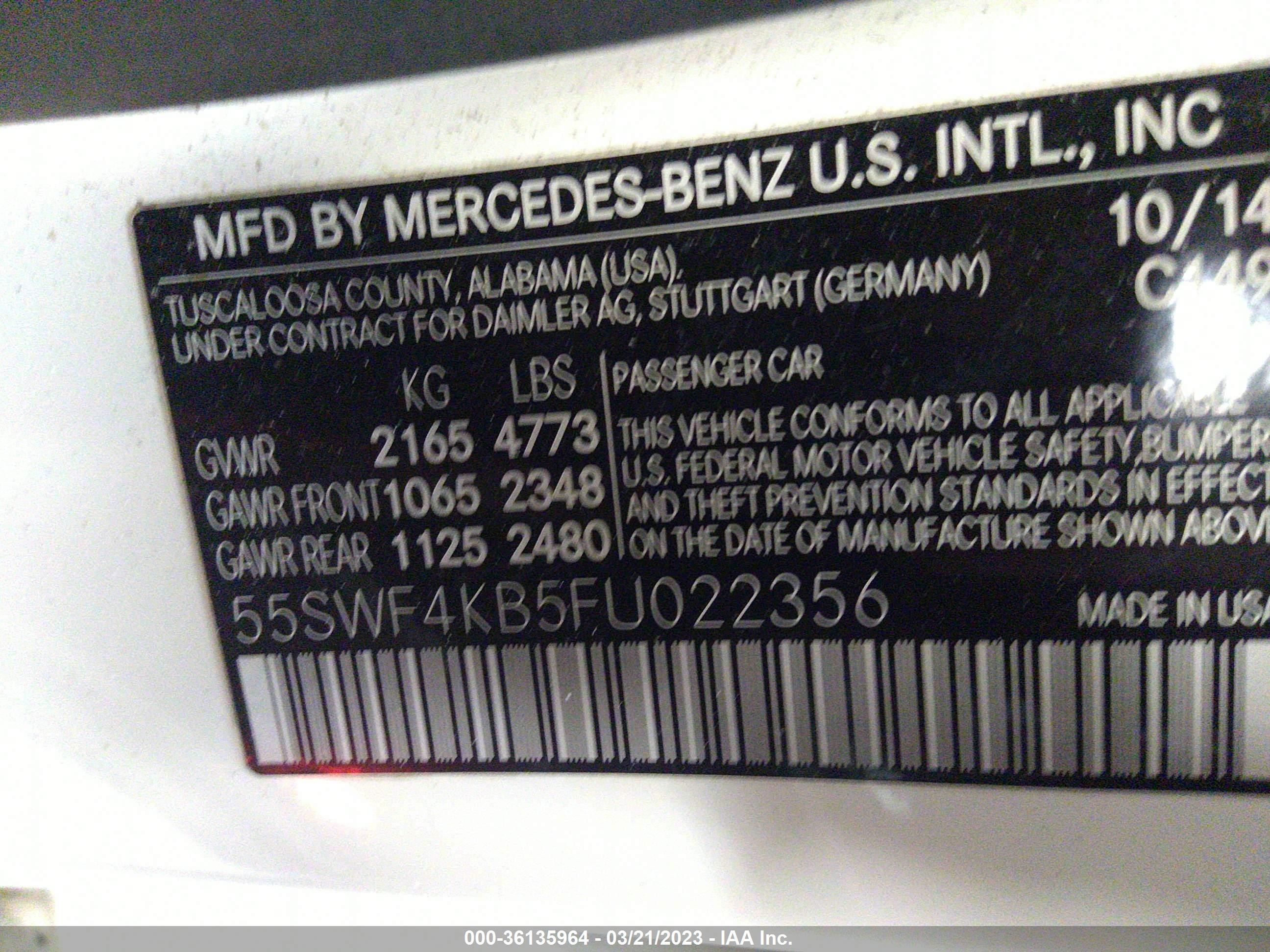 Photo 8 VIN: 55SWF4KB5FU022356 - MERCEDES-BENZ C-KLASSE 