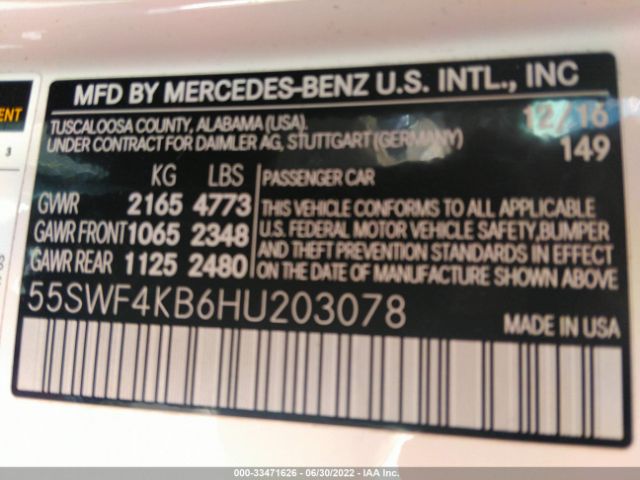 Photo 8 VIN: 55SWF4KB6HU203078 - MERCEDES-BENZ C-CLASS 